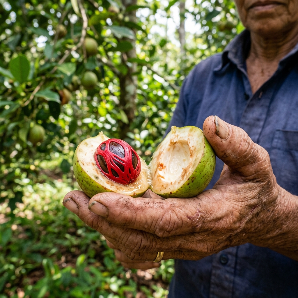 Farmer Holding Fresh Split Nutmeg Fruit with Red Mace